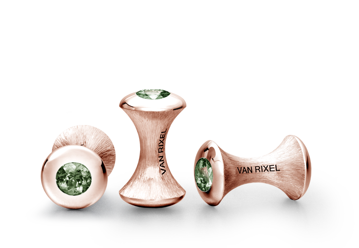 Een paar luxe, hoogwaardige, exclusieve en handgemaakte High End manchetknopen in 18 kt Roségoud met groene Saffier - MI